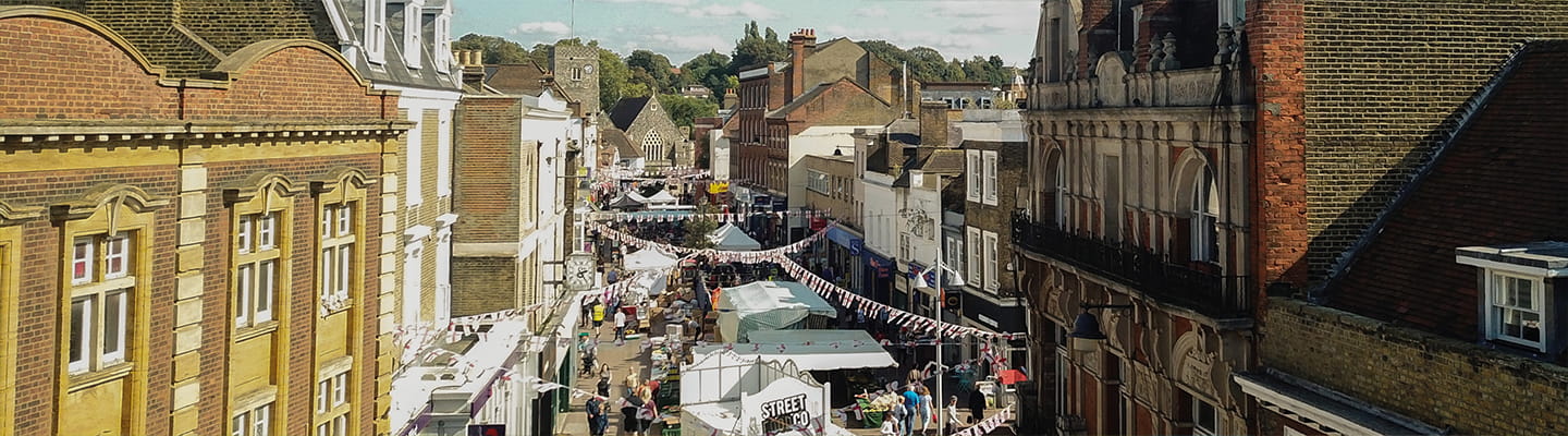 elevated view looking down and along Dartford High street