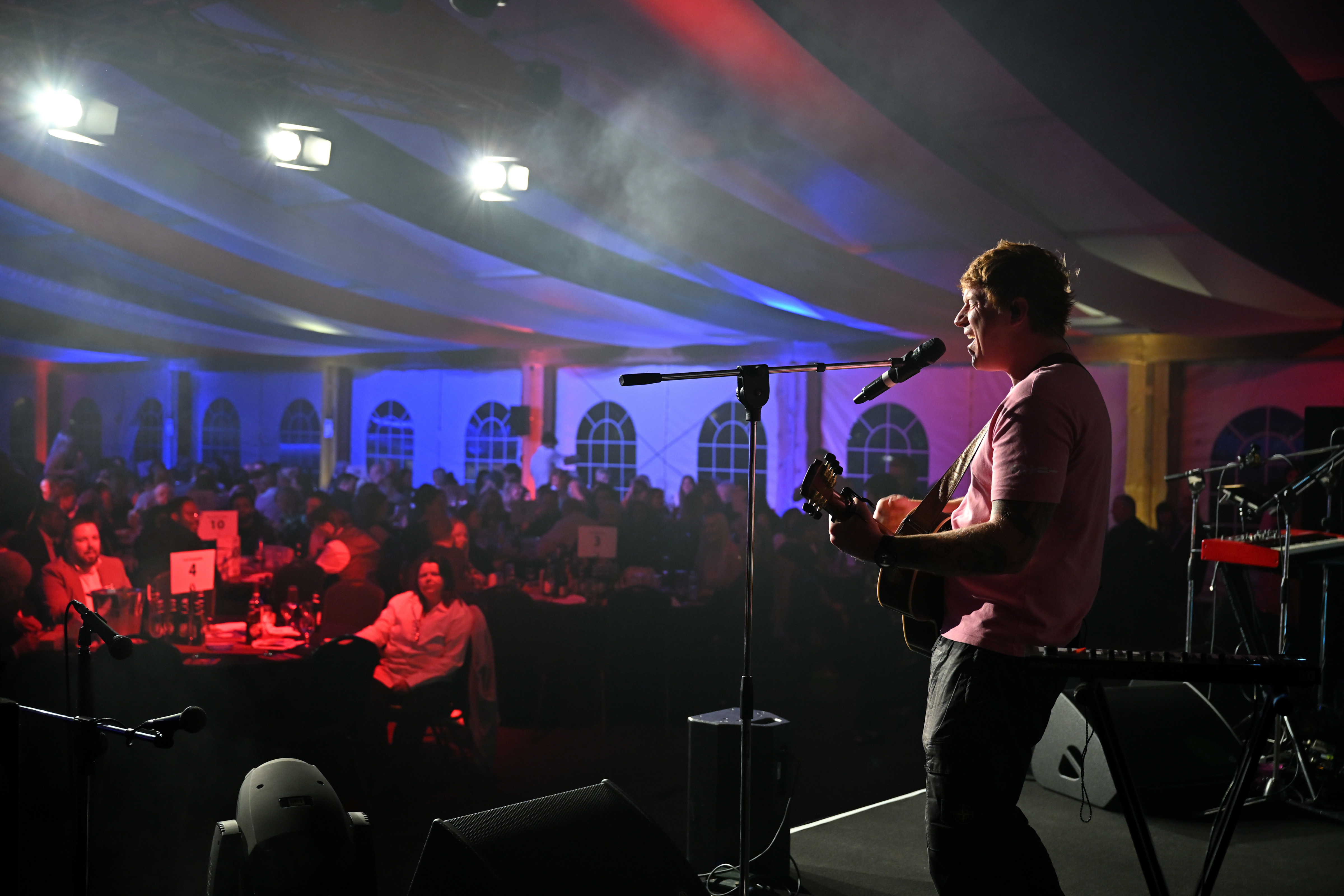 Performer in front of business award crowd