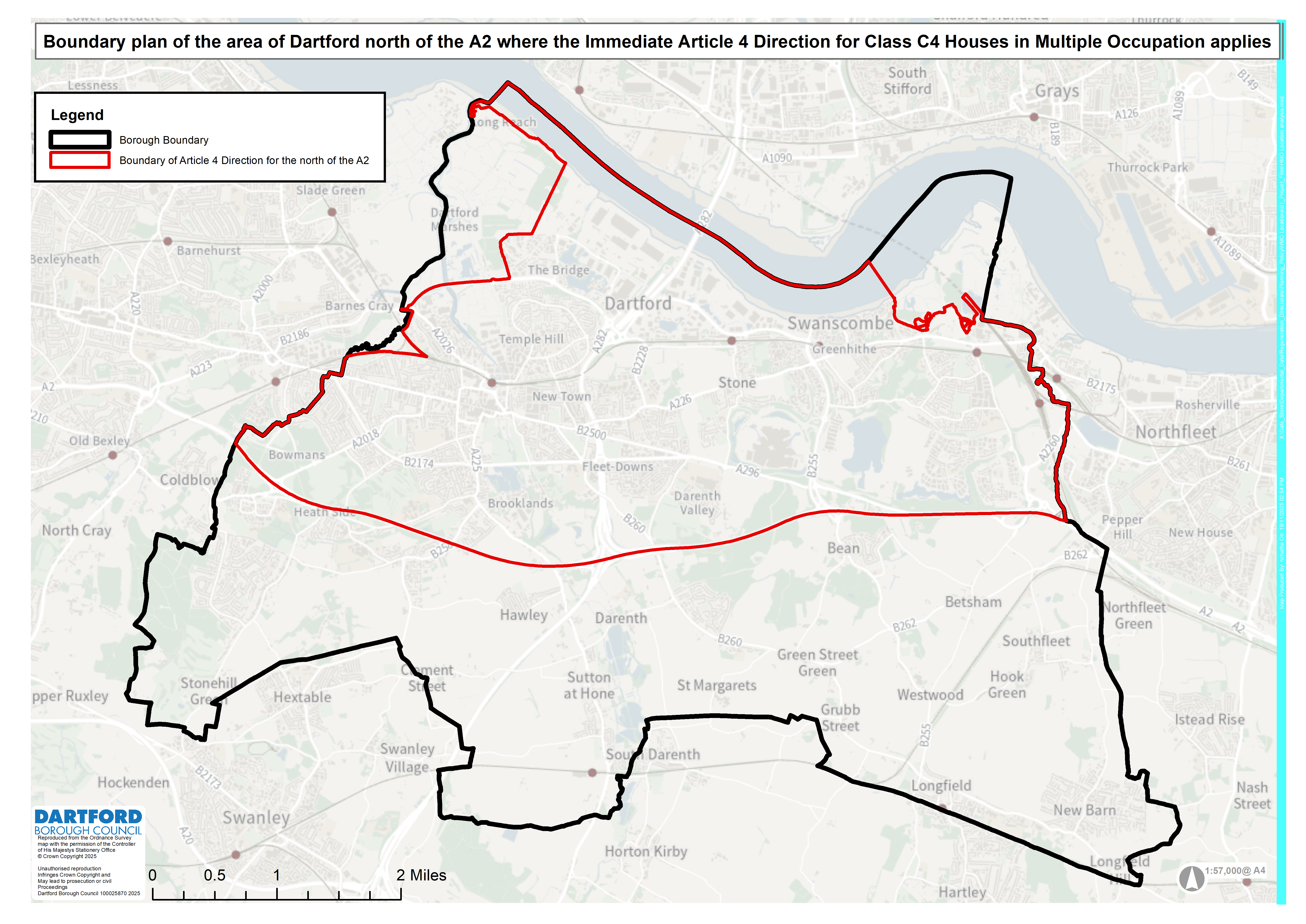 Map showing borough of Dartford, with red line dictating north of the borough above the A2 