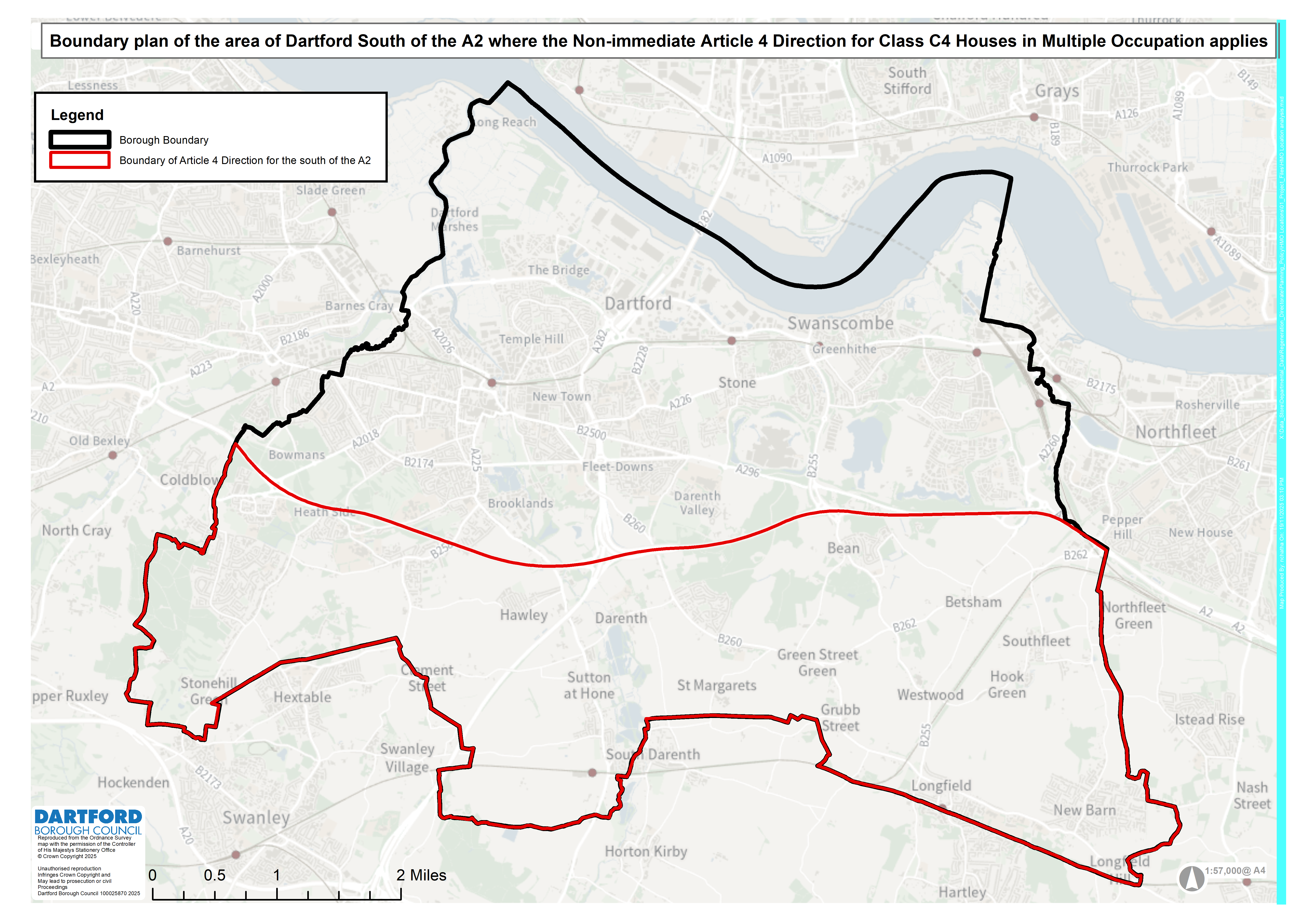 Map showing borough of Dartford with area south of A2 highlighted