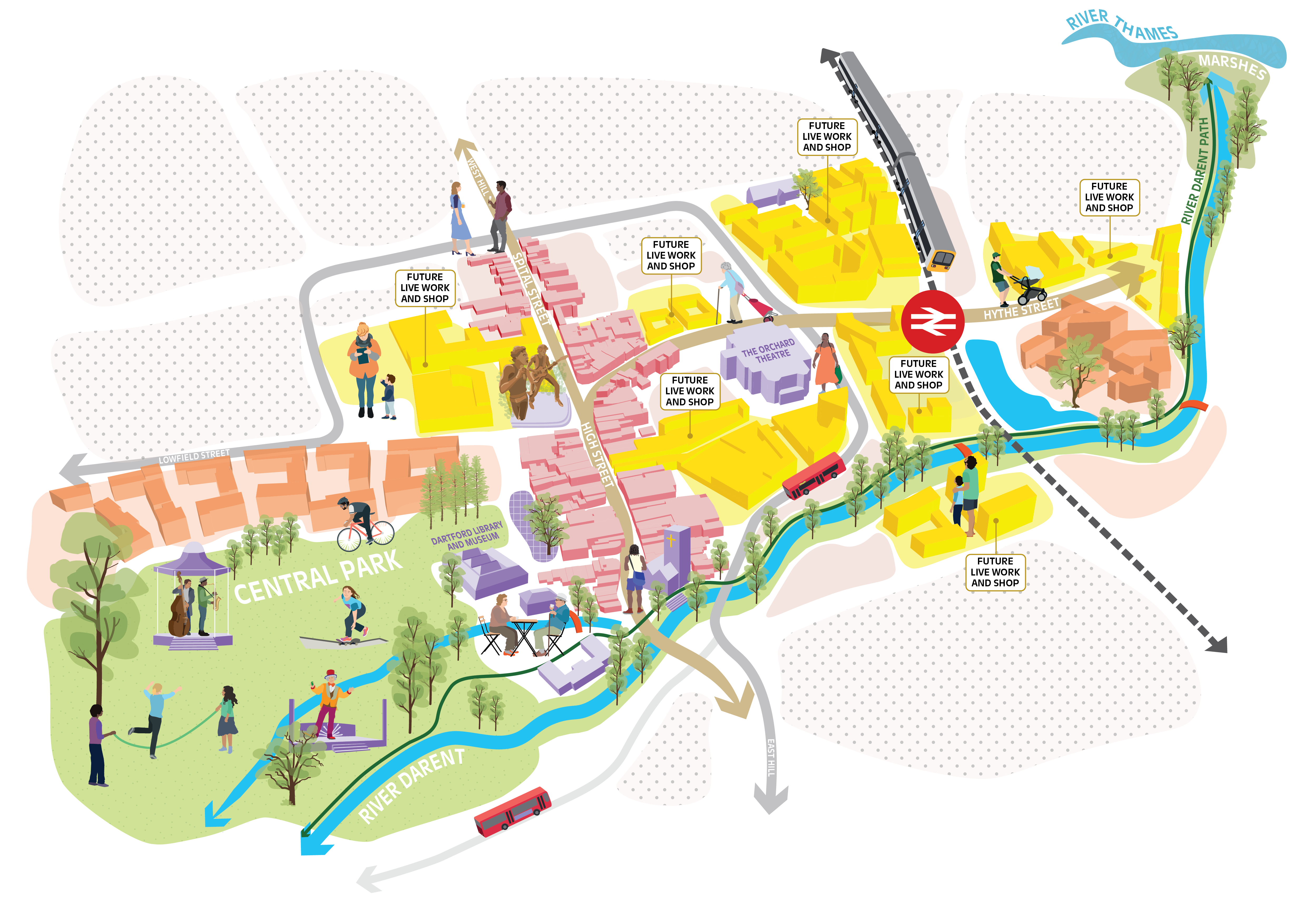 Map showing Dartford landmarks and areas planned for development