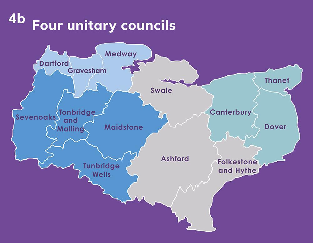 Map displaying Option 4b - four unitary councils