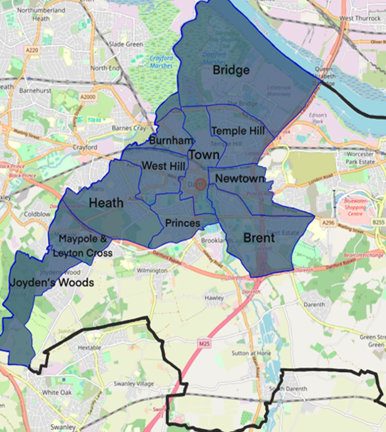 Map of eligible neighbourhood cil funding areas, the following wards are highlighted as eligible, Bridge, Town, Temple Hill, Burnham, Newtown, West Hill, Princes, Brent, Heath, Maypole and Leyton Cross, Joyden's Wood