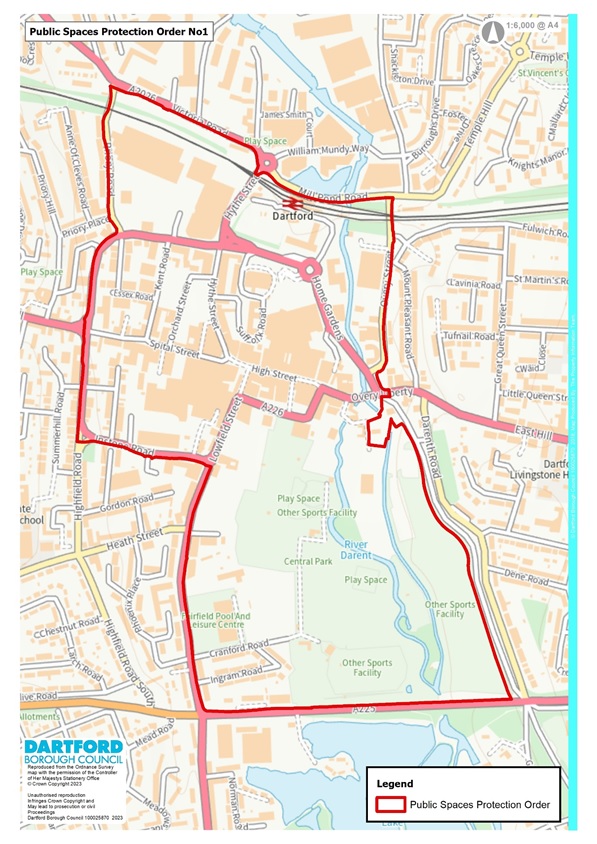 A map outlining the Dartford Town Centre covered by the Dartford town centre PSPO