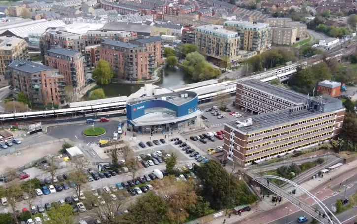 Aerial footage of Dartford Station, Civic Centre and Mill Pond Road