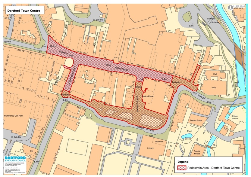 A map outlining the Pedestrian  Area covered by the Dartford town centre PSPO